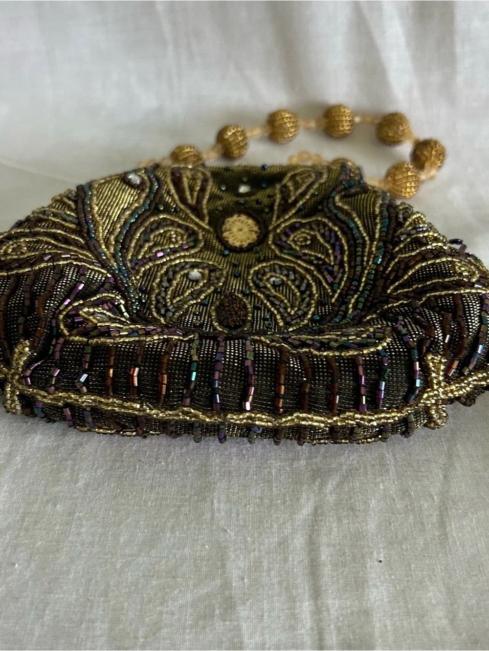 Art Deco Style Beaded Evening Bag Flapper Paisley Brown Gold Purse